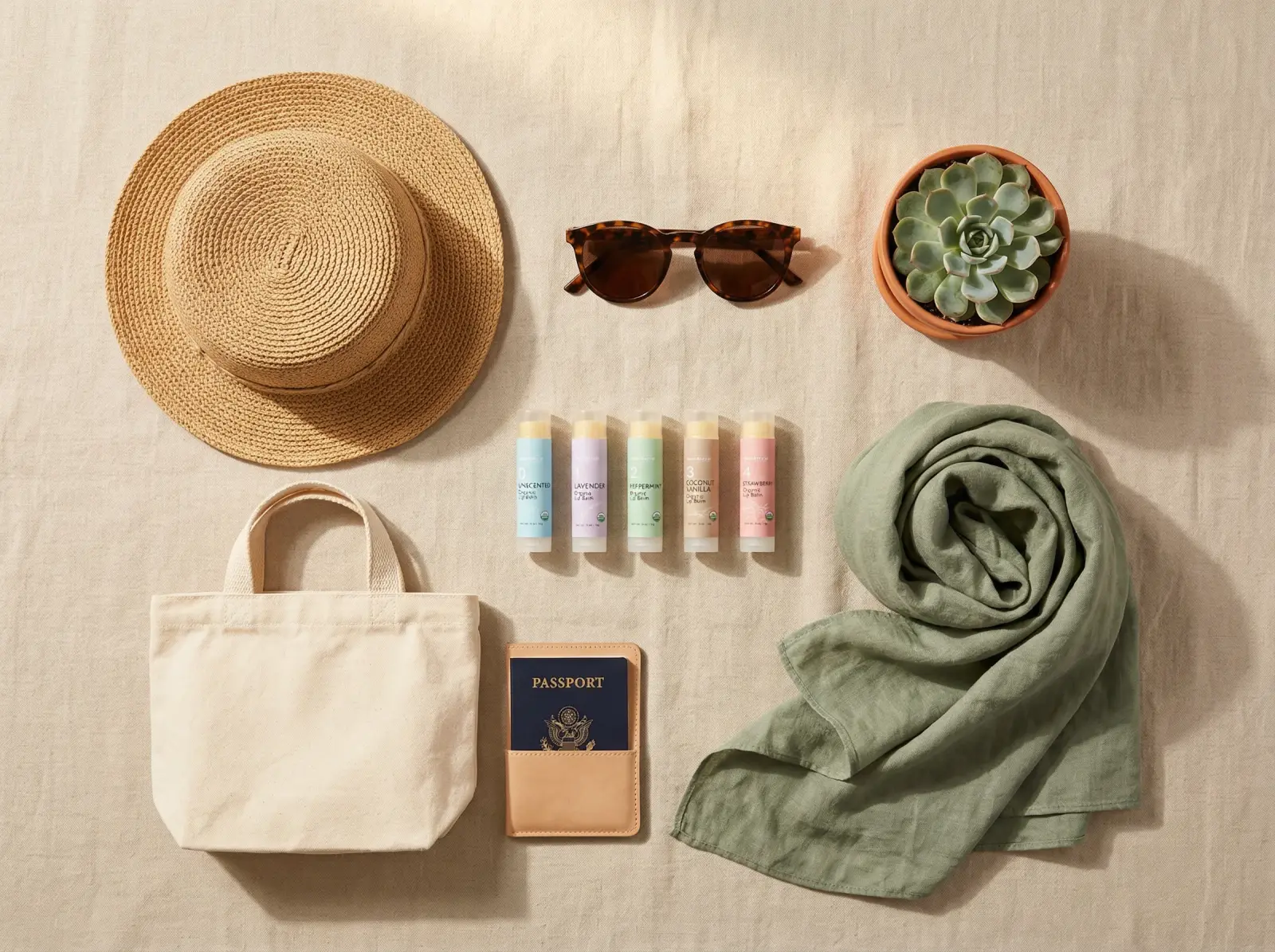 Numbrrrz organic lip balm — beach travel flatlay