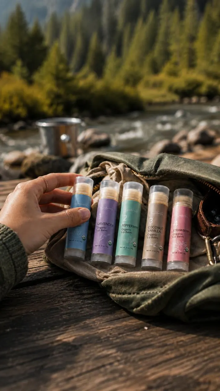 Five oversized Numbrrrz USDA Organic lip balms: Unscented, Lavender, Peppermint, Coconut Vanilla, and Strawberry